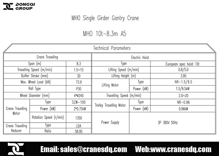 10 ton MHO gantry crane technical parameters