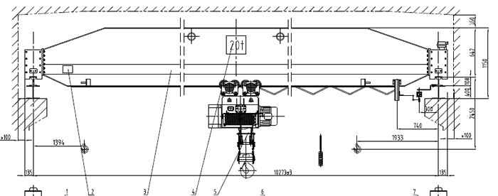 LD20ton-10.273m(span) H9m single girder overhead crane drawing - Dongqi workshop crane design